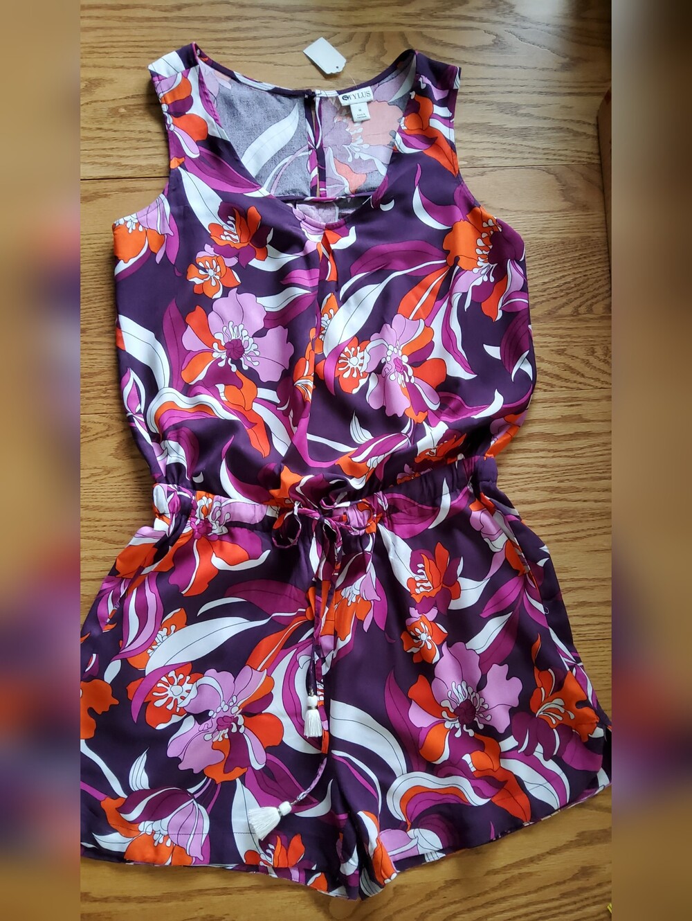 D37 STYLUS Purple & Orange Floral Print Shorts Romper w Fringed Drawstring Waist